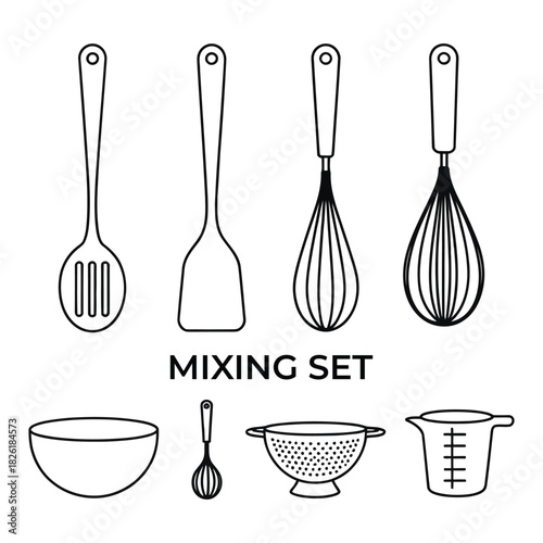 Outline Icons of Kitchen Utensils and Mixing Set cooking