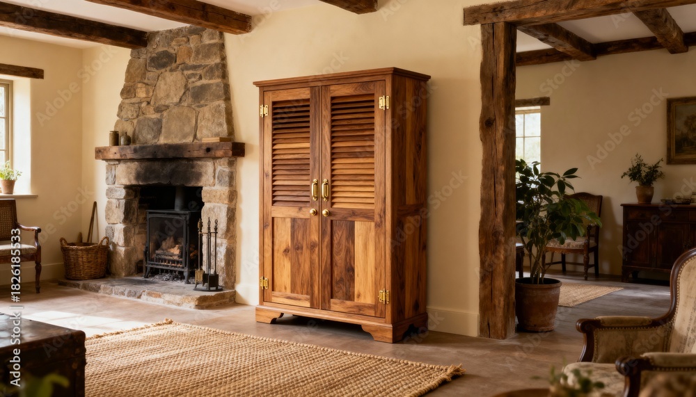 Fototapeta premium Rustic living room interior with wooden cabinet and stone fireplace, warm natural light
