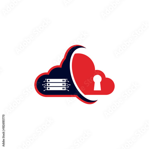 Vector illustration concept combining a cloud, server rack, and lock symbol for cybersecurity services and data hosting technology