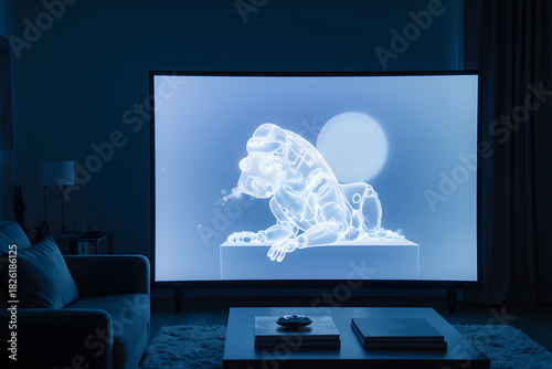 Futuristic holographic animal projection displayed on a large screen in a modern living room.