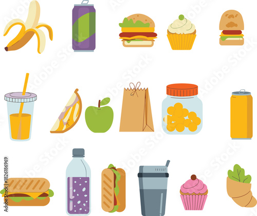 Food and drink cartoon vector set, snacks, beverages, fruits, fast food, desserts, flat illustration, side view, nutrition and lifestyle concept