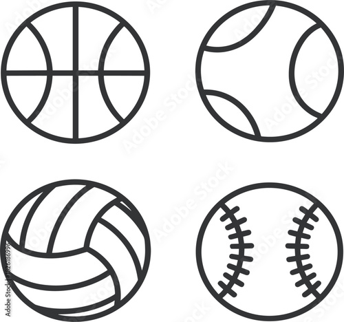 Set of Four Sports Ball Line Icons, Basketball Volleyball Baseball Tennis Equipment Symbols, Simple Minimalist Game Recreation Vector Collection