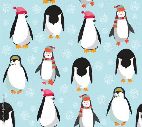 pattern with cute penguins and snowflakes on  blue background.
