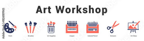 Art Workshop Modern and clean web banner illustration featuring thematic icons for visual communication