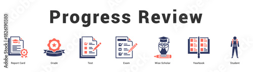 Progress Review Modern and clean web banner illustration featuring thematic icons for visual communication