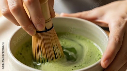 Traditional Japanese Matcha Tea Preparation with Bamboo Whisk.