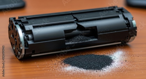 Broken toner cartridge spilling black powder on wooden surface
