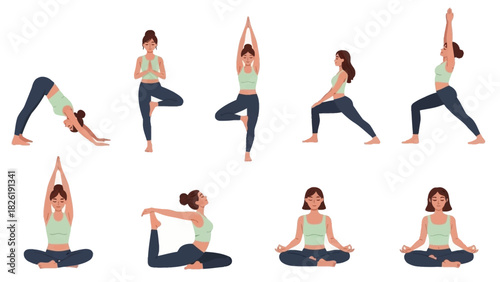 Diverse Collection of Women Practicing Various Yoga Poses for Wellness and Fitness on a White Background