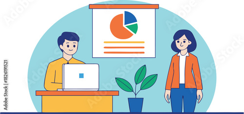 Flat design illustration of diverse team collaborating on data analysis in modern office