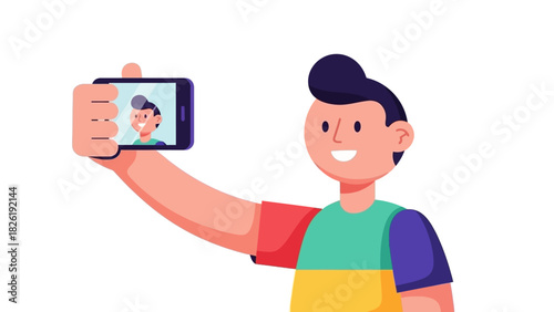 Young man taking a selfie with his smartphone on a white background