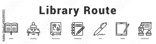 Library Route Modern and clean web banner illustration featuring thematic icons for visual communication