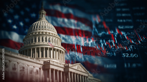 The United States Capitol building overlayed with financial stock market chart and American flag. Economic policy and government finance concept