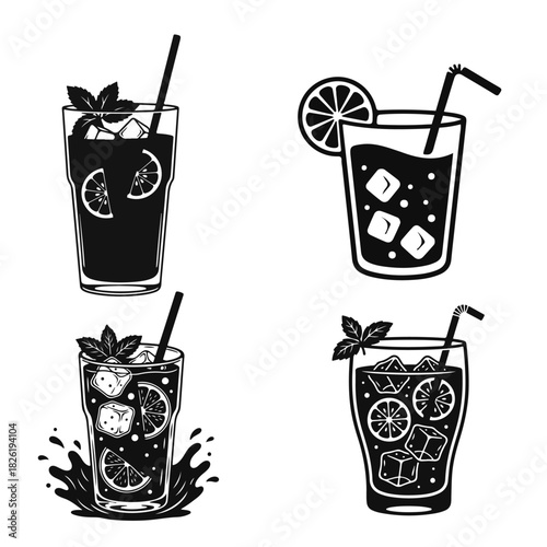Vector illustration of a lemonade glass with lemon slice, ice cubes and straw in a clean minimal style. Fresh lemonade, citrus drink, summer beverage, cold refreshment, lemon glass