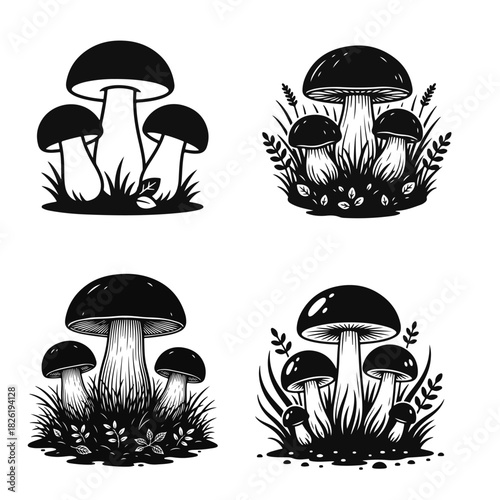 Mushrooms growing in grass black and white line art forest nature scene, wild mushrooms, forest plants, grass field, nature drawing, botanical sketch, mushroom cluster