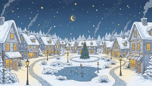 Enchanting winter village scene with snow-covered houses, skaters on a frozen pond, and a festive Christmas tree under a starry moonlit night sky