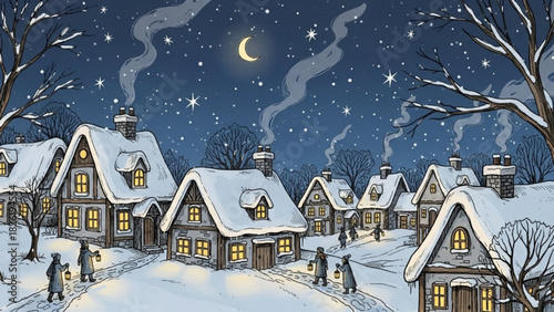 Charming winter village scene under a starry night sky, perfect for holiday greetings and festive illustrations, evokes warmth and nostalgia
