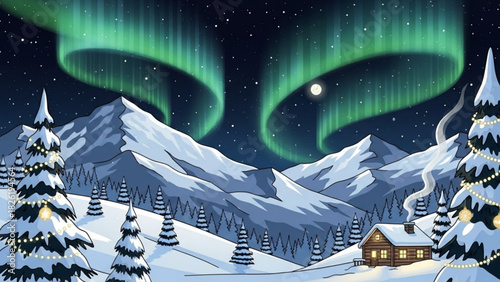 Enchanting winter landscape with shimmering Aurora Borealis, snow-covered mountains, festive trees, and cozy cabin glows with inviting warmth under the moon