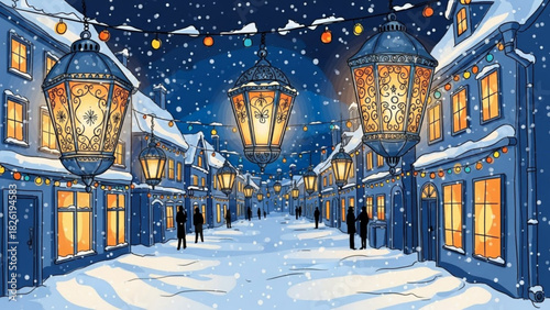 Enchanting winter village scene with snow falling, illuminated lanterns, and festive lights creating a magical holiday atmosphere, perfect for seasonal designs