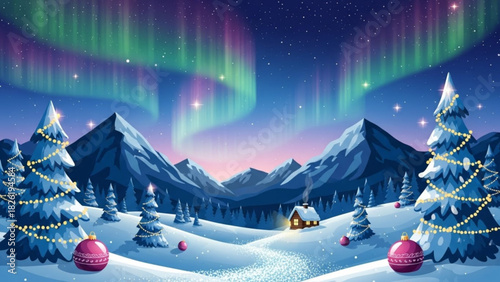 Enchanting winter wonderland scene with majestic aurora borealis, snow-covered mountains, decorated Christmas trees, and cozy cabin radiating warmth and festive cheer