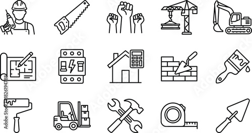 Construction and Renovation Outline Icons Set: Tradesman, Heavy Equipment, Home Repair, and Building Tools Vector Collection