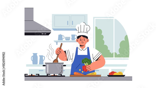 Chef Cooking Healthy Meal in Kitchen Vector Illustration