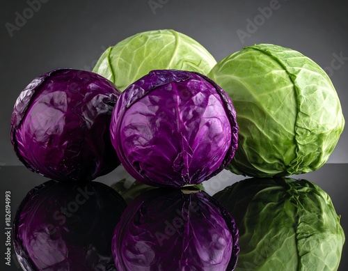 Four cabbages, two red and two green, reflected on glossy surface