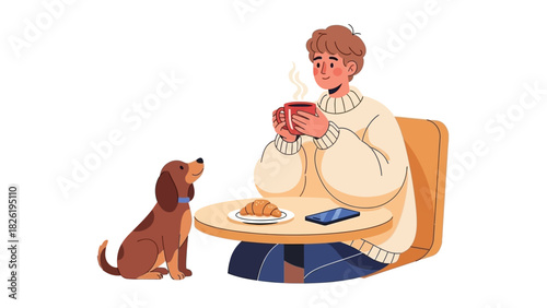 A young man in a cozy sweater enjoying a hot coffee and croissant at a table with his adorable pet dog sitting beside him