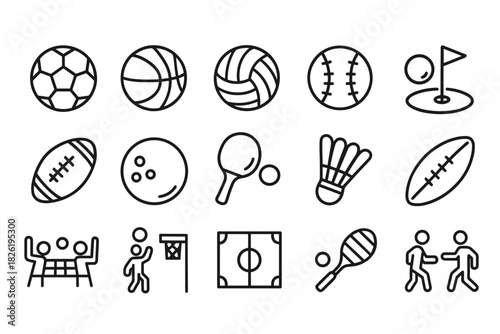 Set of sports icons featuring balls and equipment in line art style