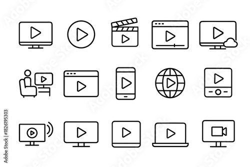 Set of video player icons: devices, clapperboard, streaming, playback elements