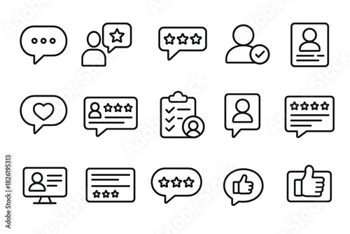 Outline icons of customer feedback, ratings, and reviews in minimalist style