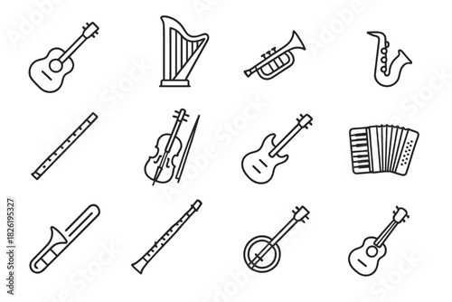 Collection of musical instrument icons including guitar, harp, trumpet, saxophone, and violin