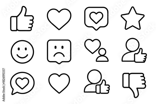 Simple black and white icons featuring hearts, thumbs up, and smiley faces