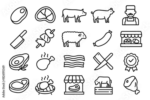 Butcher and meat icons: steak, grill, farm animals, cutting tools