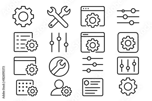 Collection of configuration and settings icons featuring gears and tools