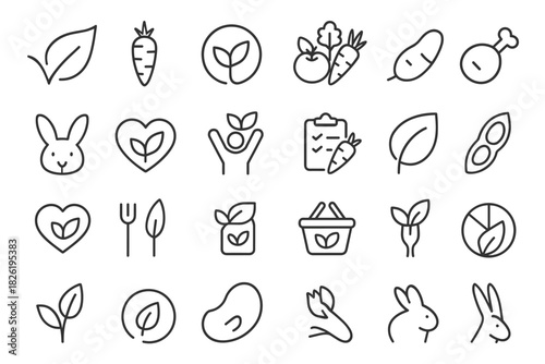 Vegetarian food and health icons featuring vegetables, fruits, and symbols