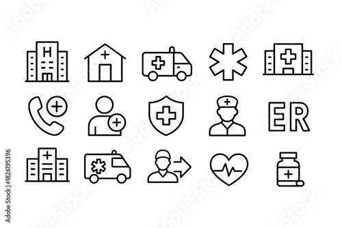 Emergency medical icons set featuring hospital, ambulance, and medical symbols