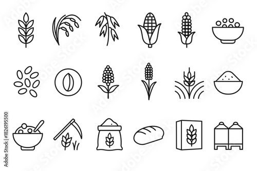 Collection of grain and cereal icons including wheat, rice, corn, and more