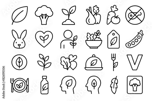 Vegan icons set: plants, vegetables, symbols for healthy lifestyle