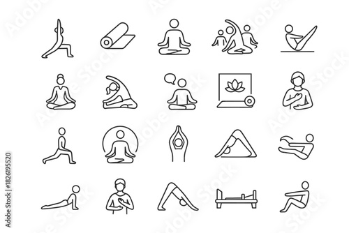Collection of yoga icons: poses, meditation, and wellness designs