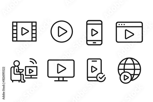 Video streaming icons: multimedia, devices, web, play button symbols