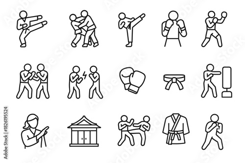 Martial arts icons collection: karate, boxing, kickboxing, judo, taekwondo, self-defense graphics