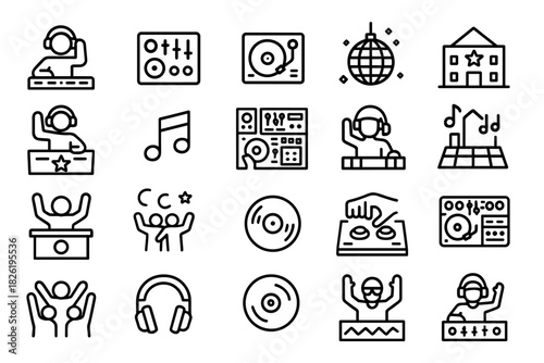 Dj icons set: music equipment, turntables, and party symbols
