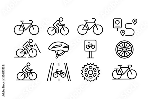 Minimalist bicycle icons set featuring cycling, helmets, and maps