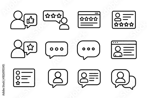 User feedback icons set: reviews, ratings, profiles, chat bubbles