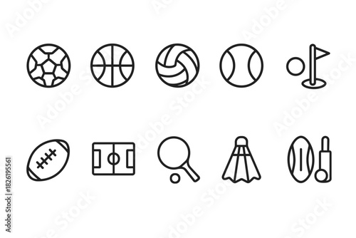Set of simple sports icons: soccer, basketball, volleyball, tennis, golf, rugby, soccer field, ping pong, badminton, cricket