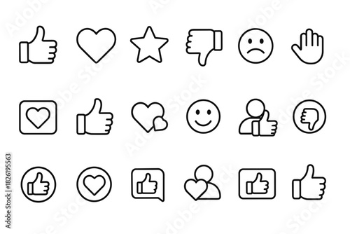 Black and white outline icons of social media reactions and emotions