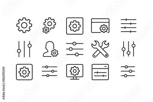 Settings and tools icons collection: gears, wrenches, sliders, profiles