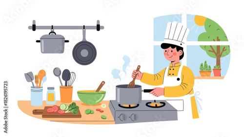 A professional young chef happily stirring a delicious meal in a modern kitchen. Flat vector illustration of the culinary arts and food preparation