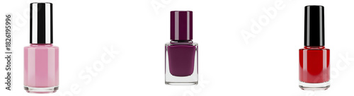 Three nail polish bottles in pink, purple and red color isolated against a plain studio setting view on transparent background