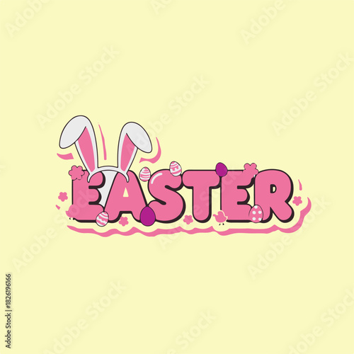 Playful Hot Pink EASTER Text with Bunny Ears Sticker.eps